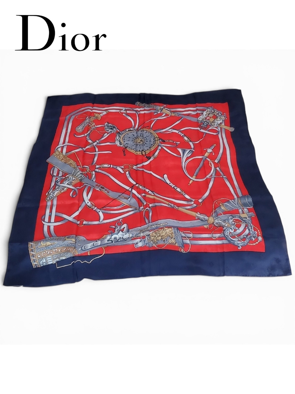 Vintage Christian Dior Silk Scarf Equestrian Hunting Weapon Motif Red Navy Blue